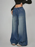Women's High Waisted Casual Pants, Loose Wide Leg Jeans with Pockets, Elastic Waist, Button Front, All Seasons, Daily Wear