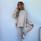 Oversize Two-Piece Set Women's  Split Hem Sweatshirt & Skinny Pants, Casual Fashion Cozy Round Neck Long Sleeve Pullover Women's Clothing for Fall & Basic Winter  Suits Womenswear Gamis