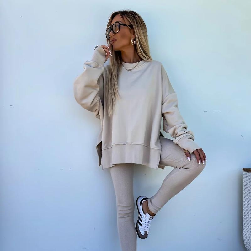 Oversize Two-Piece Set Women's  Split Hem Sweatshirt & Skinny Pants, Casual Fashion Cozy Round Neck Long Sleeve Pullover Women's Clothing for Fall & Basic Winter  Suits Womenswear Gamis