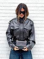 Women's Olive Green Faux Leather Bomber Moto Jacket with Stand Collar and Flap Pockets, Casual Short Layered Streetwear Outerwear
