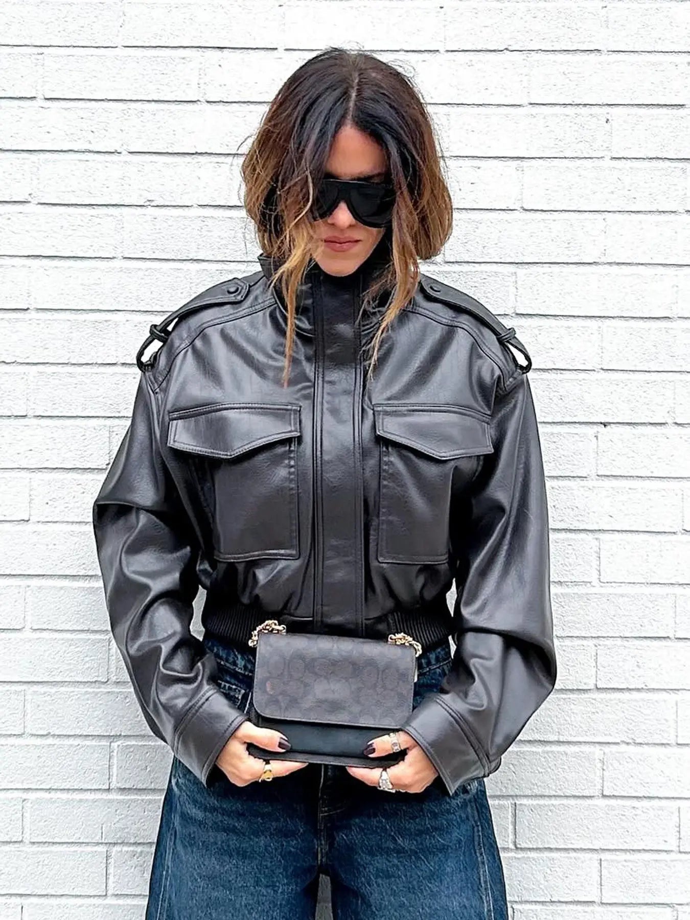 Women's Olive Green Faux Leather Bomber Moto Jacket with Stand Collar and Flap Pockets, Casual Short Layered Streetwear Outerwear
