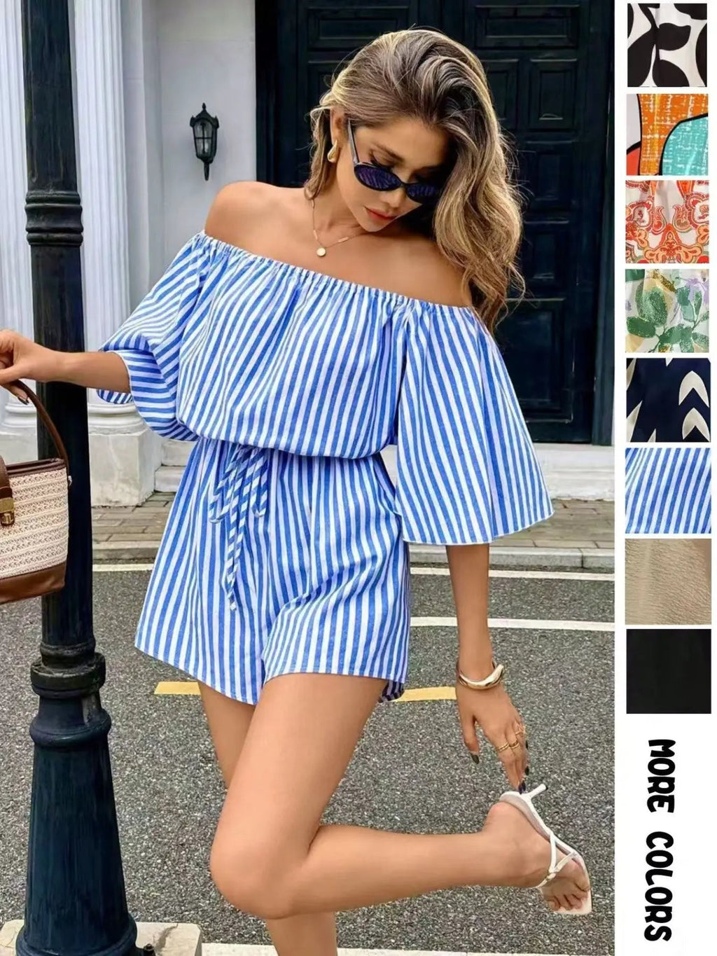Women's Leaf Print Off Shoulder Tie Front Romper, Casual Flounce Sleeve Romper for Summer, Fashion Women's Clothing for Beach Holiday Vacation