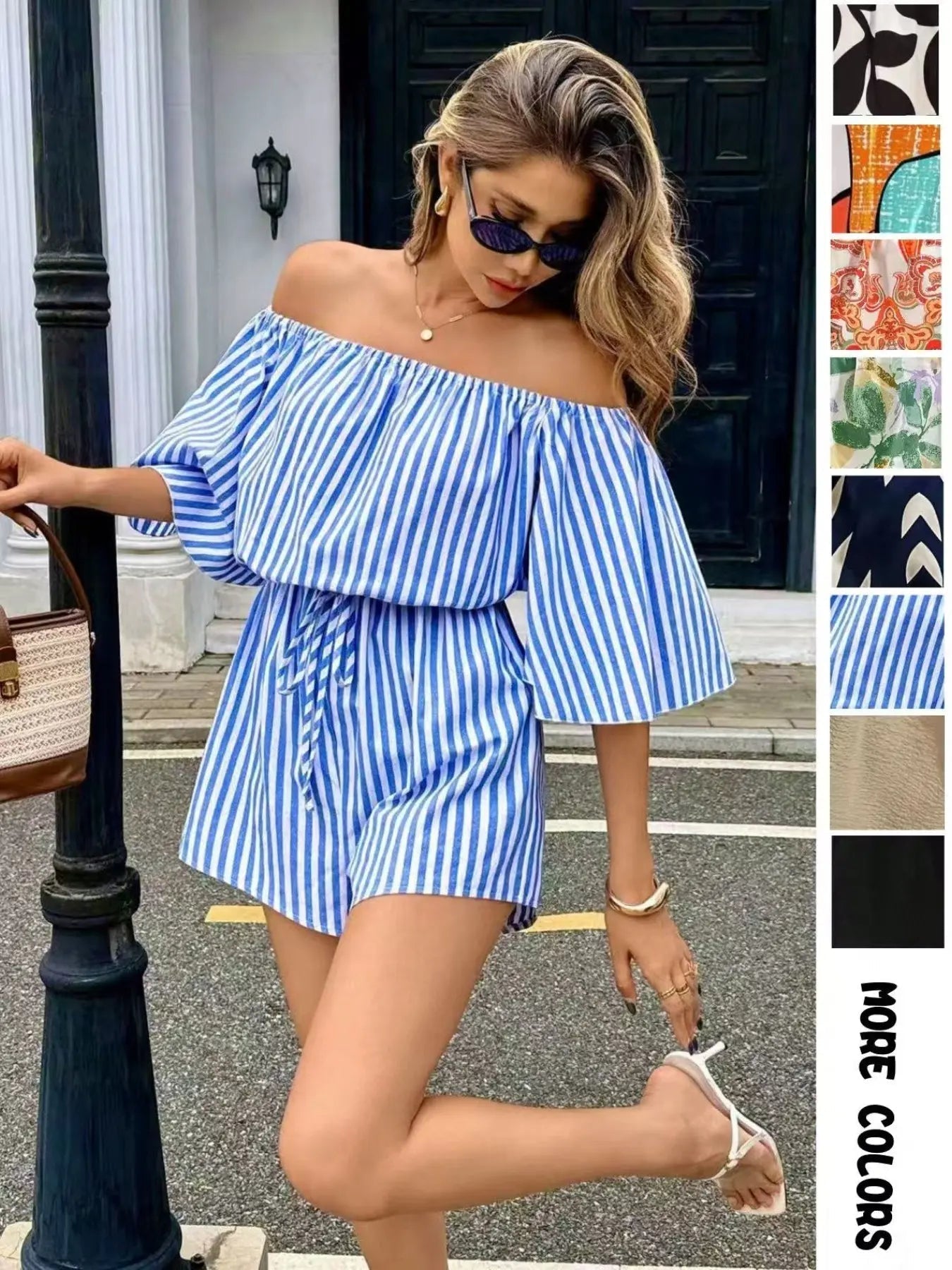Women's Leaf Print Off Shoulder Tie Front Romper, Casual Flounce Sleeve Romper for Summer, Fashion Women's Clothing for Beach Holiday Vacation