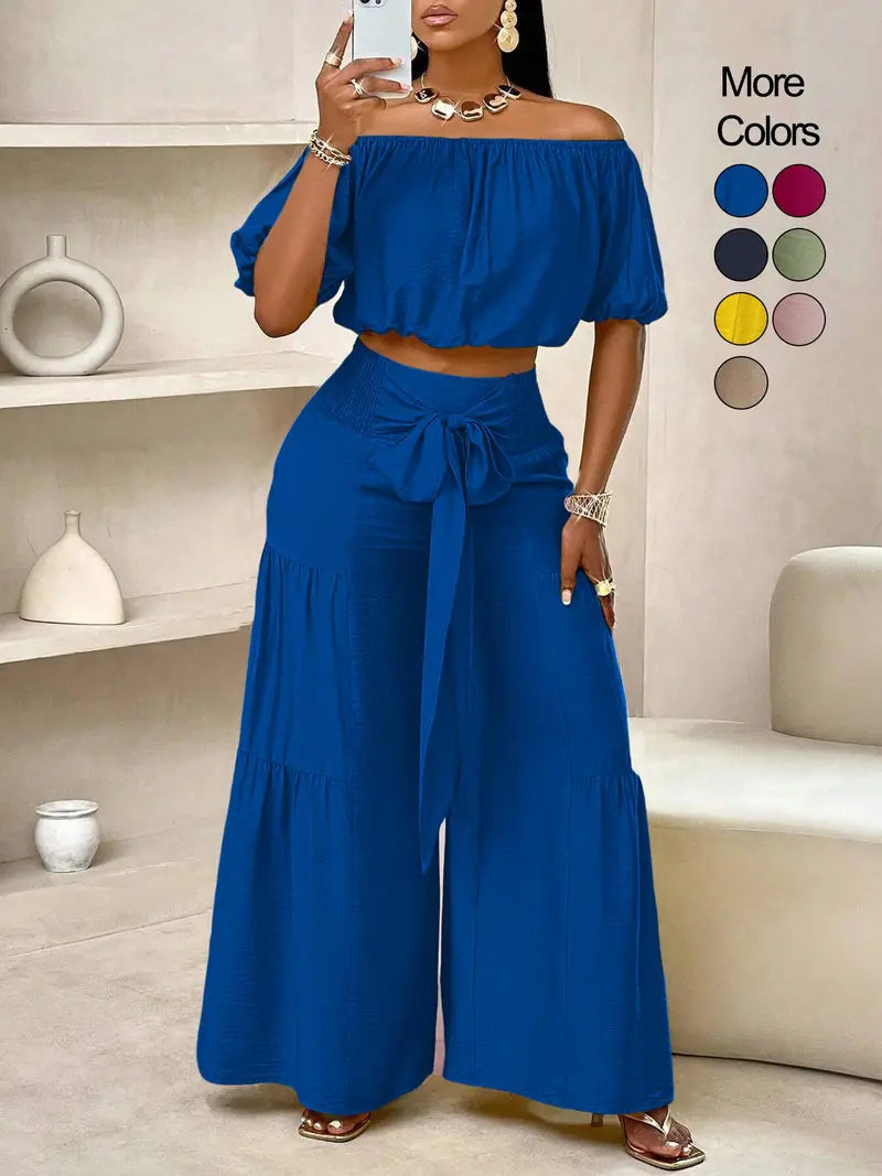 Women's solid-color wide-leg pant set, casual off-shoulder top and palazzo pants for summer, beach vacation wear for women.