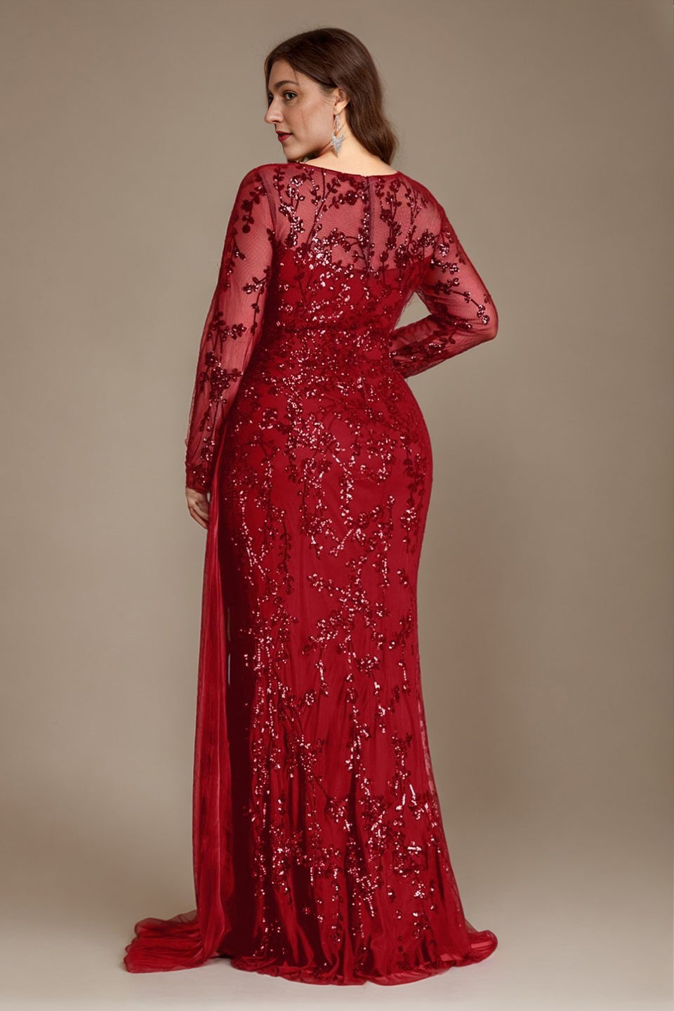 Curveins Plus Size Round Neck Embroidered Tie-Sash Bodycon Maxi Dress