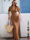 Women's Bohemian V-Neck Short Sleeve Long Dress, Casual Polka Dot Vacation Style, New European and American Fashion
