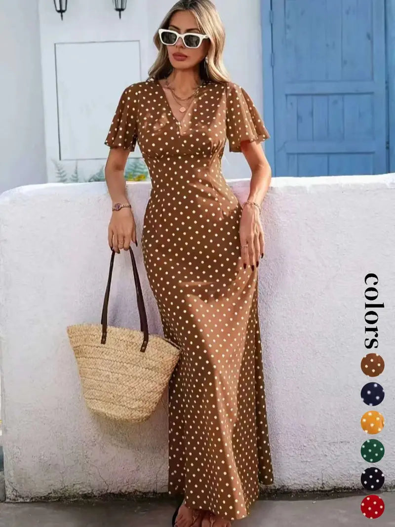 Women's Bohemian V-Neck Short Sleeve Long Dress, Casual Polka Dot Vacation Style, New European and American Fashion