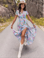 Women's Floral Print Button Front Shirred Bohemian Casual Wear Dress, Boho Pocket V Neck Short Sleeve A Line Dress, Women's Dress for Summer Beach Holiday Vacation, Casual Boho Chic
