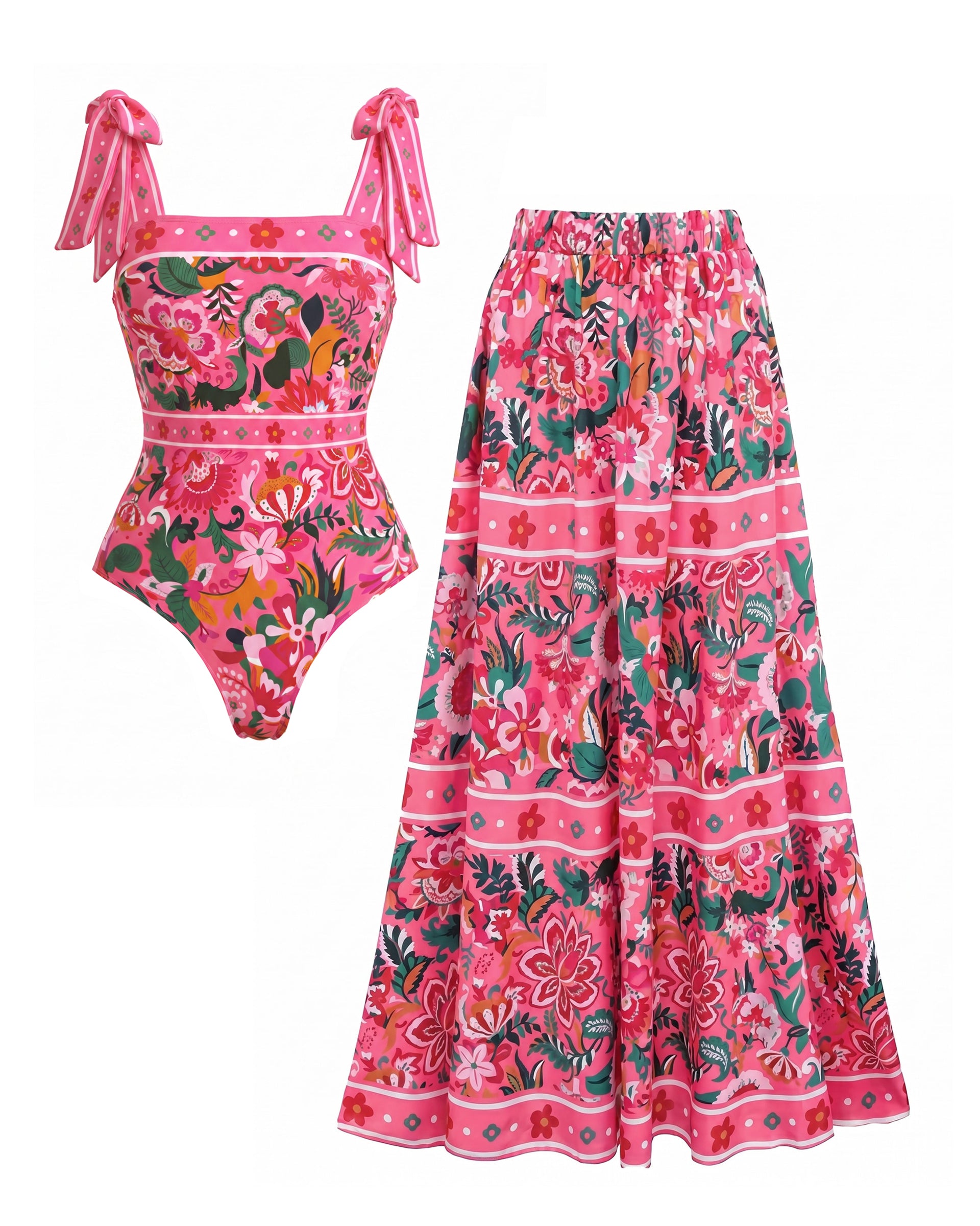 Pink Floral Paradise Print One Piece Swimsuit and Skirt