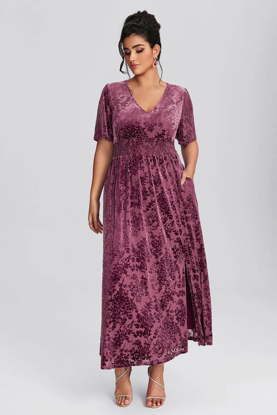 Curveins Plus Size Mauve Velvet Floral Maxi Dress
