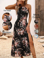 Women's Floral Print Split Thigh Halter Dress, Tie Back Design, Bohemian Boho Summer Long Sleeveless Fitted Dress, Elegant Printed Series