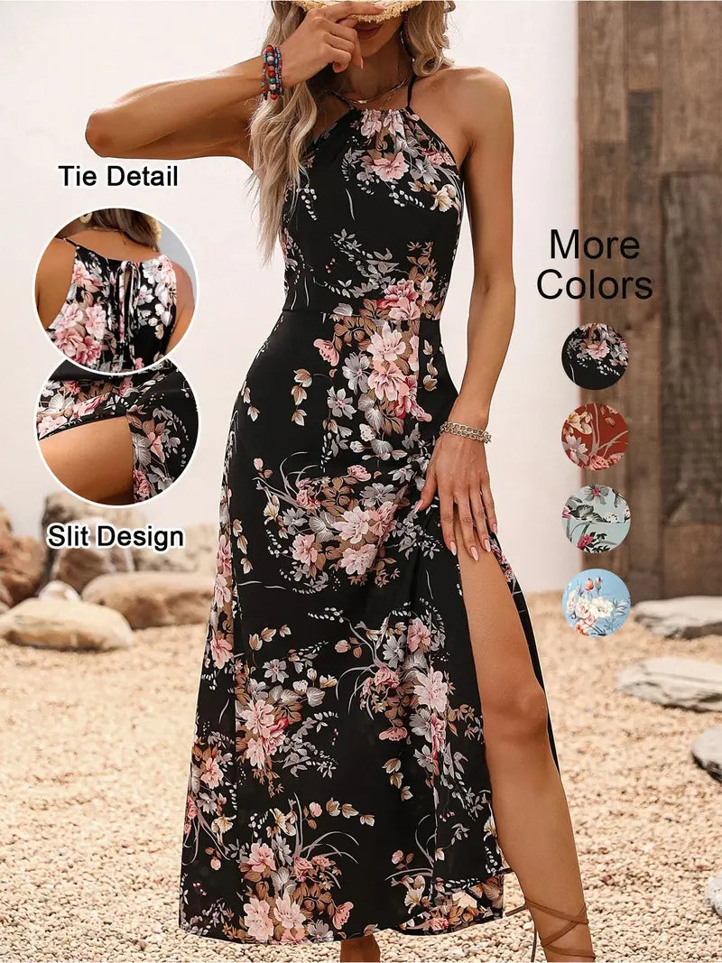 Women's Floral Print Split Thigh Halter Dress, Tie Back Design, Bohemian Boho Summer Long Sleeveless Fitted Dress, Elegant Printed Series