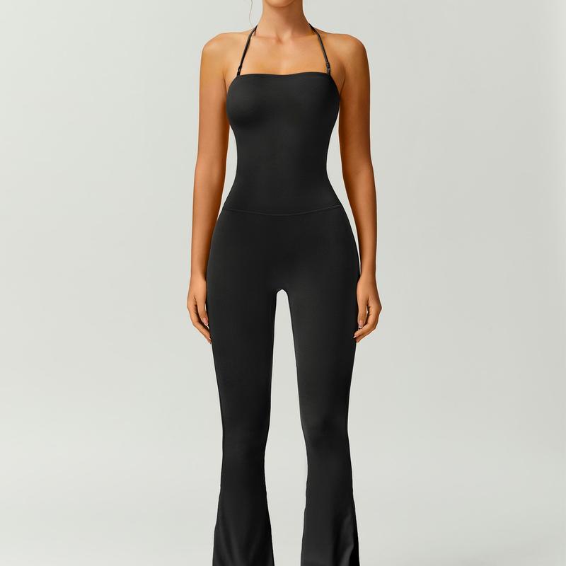 Women's Halter Neck Bodycon Flared Leg Jumpsuit – Stylish & Comfortable for Fitness & Fashion,Stylish & Comfortable Athleisure Outfit, Butt Lifting, High Waist Workout Gym Clothing Stretchable Activewear,jumpsuit women