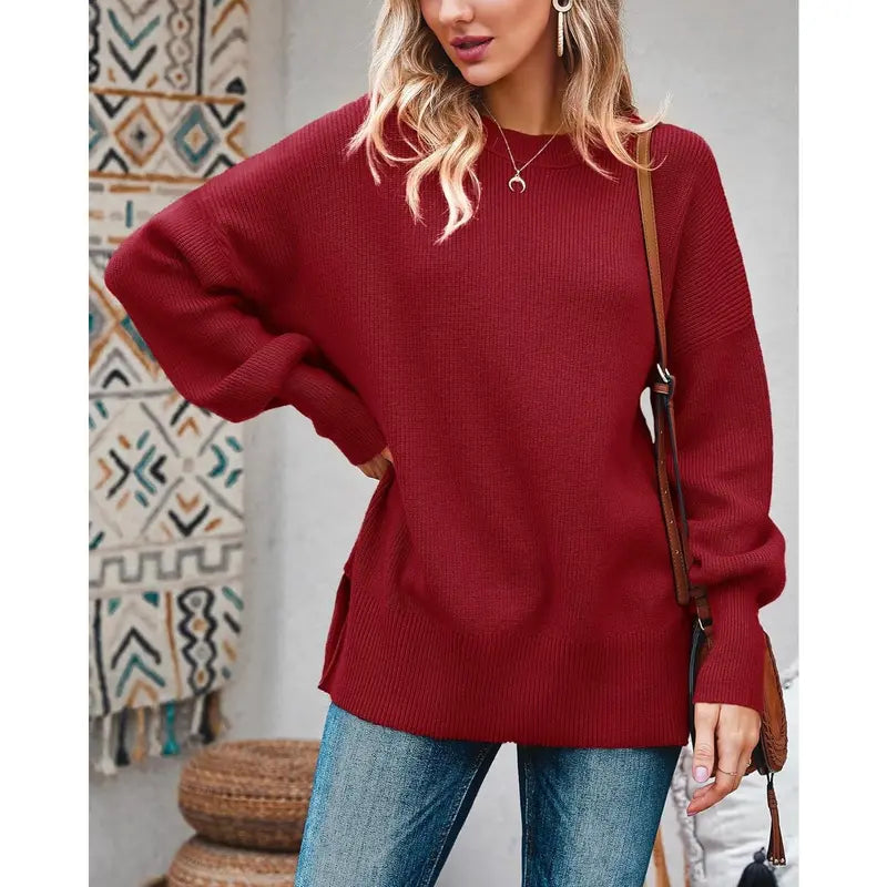 Womens Oversized Tunic Sweaters Fall Slouchy Long Sleeve Ribbed Knit Side Slit Pullover Jumper