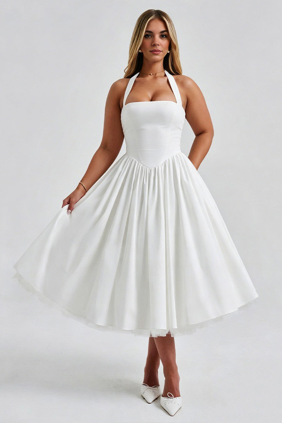 Curveins Plus Size Halter Neck Spaghetti Strap Sleeveless Puff Skirt Midi Dress