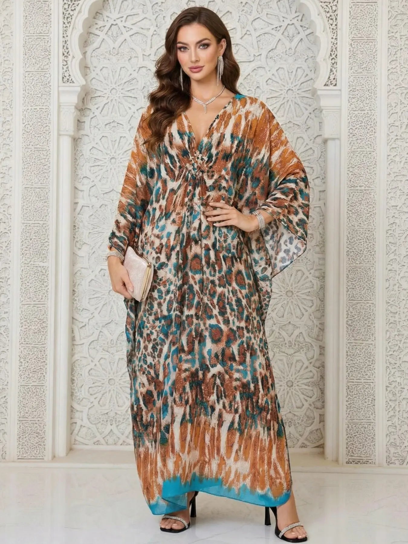 Women's Leopard Print Batwing Sleeve Split Hem Kaftan Dress, Casual Modest Style V-Neck 3/4 Sleeve Long Dress for Fall & Winter, Women's Islamic Clothing for Daily Wear