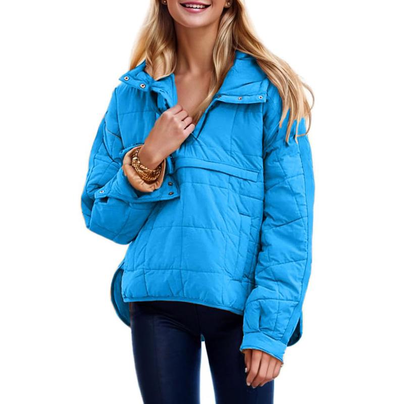 Women's Oversized Puffer Jacket Quilted Dolman Hoodies Pullover Long Sleeve Lightweight Warm Tops with Big Chest Pocket