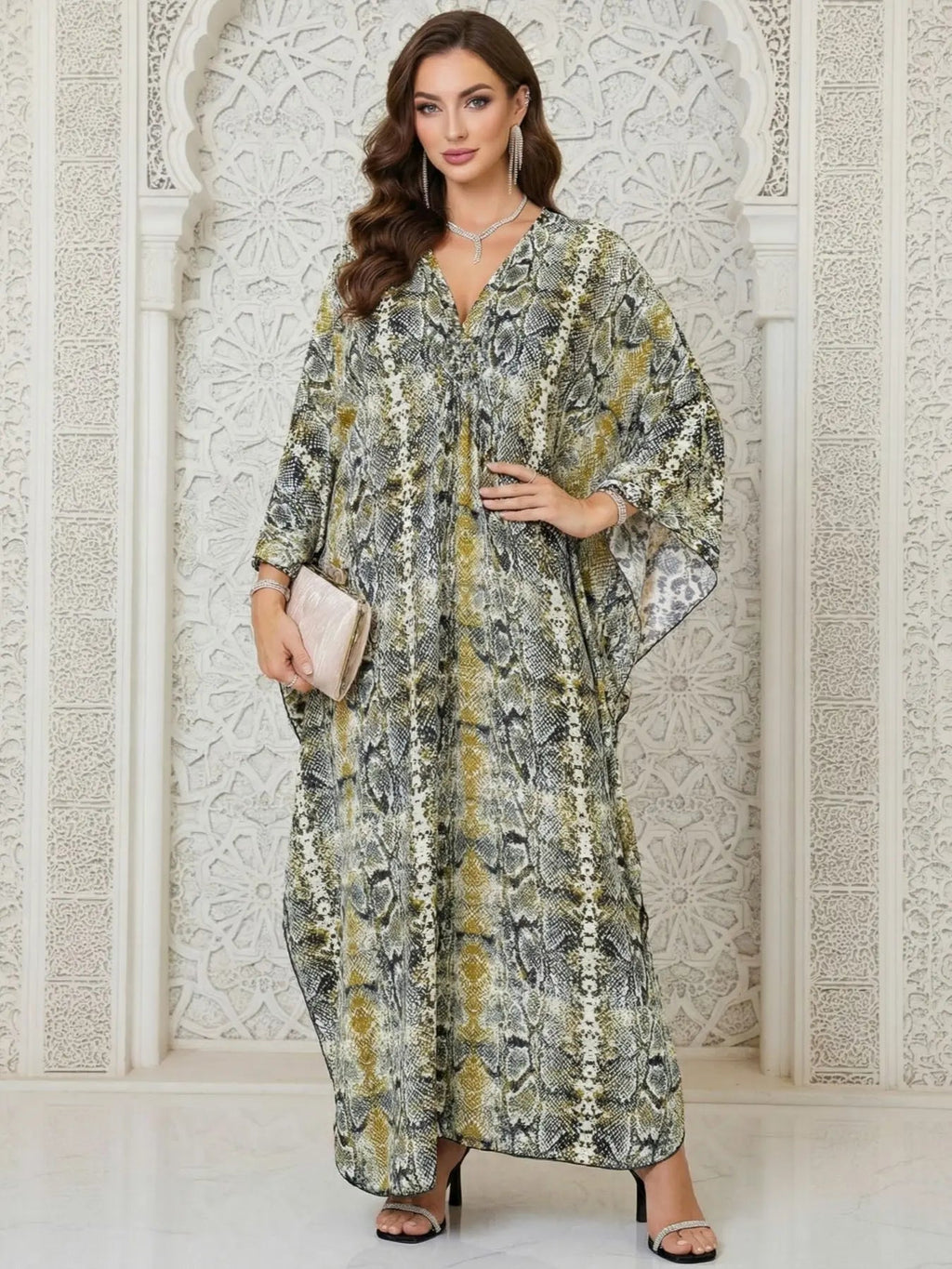 Women's Leopard Print Batwing Sleeve Split Hem Kaftan Dress, Casual Modest Style V-Neck 3/4 Sleeve Long Dress for Fall & Winter, Women's Islamic Clothing for Daily Wear