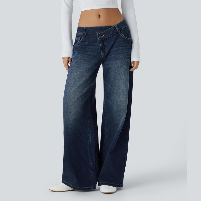 Asymmetric Low Rise Zipper Pockets Baggy Wide Leg Washed Casual Jeans