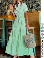 Women's Striped Print Belted   Dress, Elegant Casual  Long Dress for Summer, Women's Clothing for Daily Wear