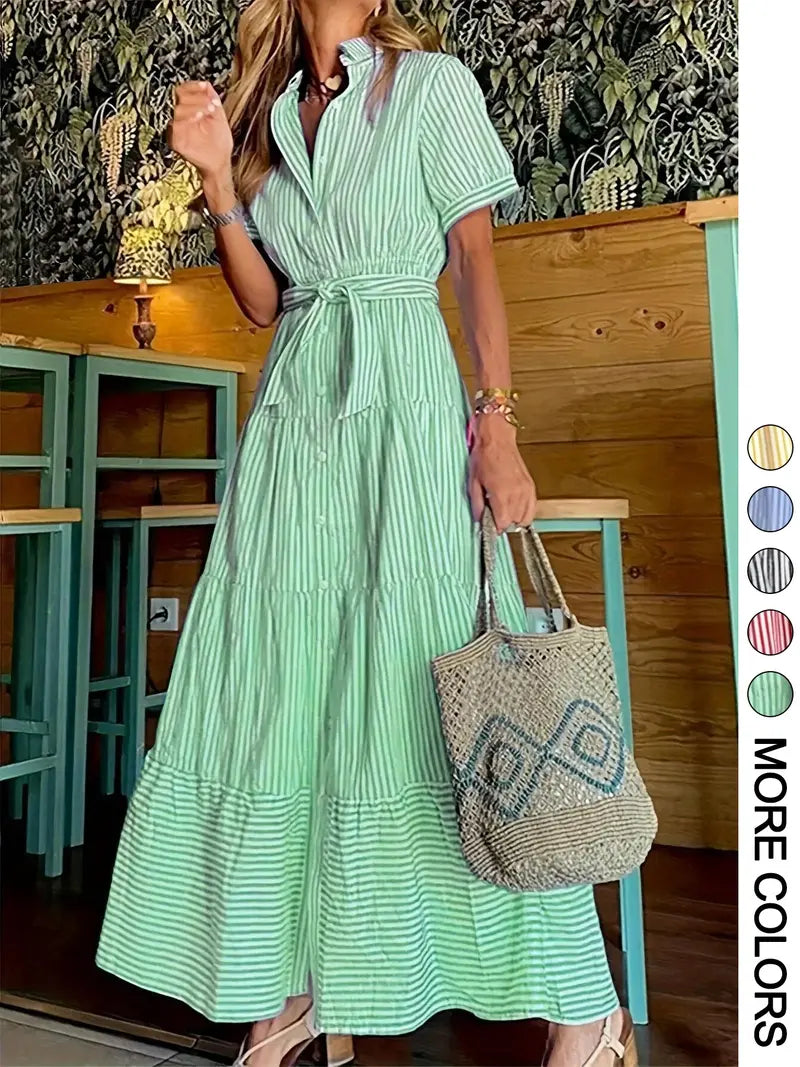 Women's Striped Print Belted   Dress, Elegant Casual  Long Dress for Summer, Women's Clothing for Daily Wear