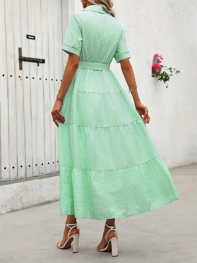 Women's Striped Print Belted   Dress, Elegant Casual  Long Dress for Summer, Women's Clothing for Daily Wear
