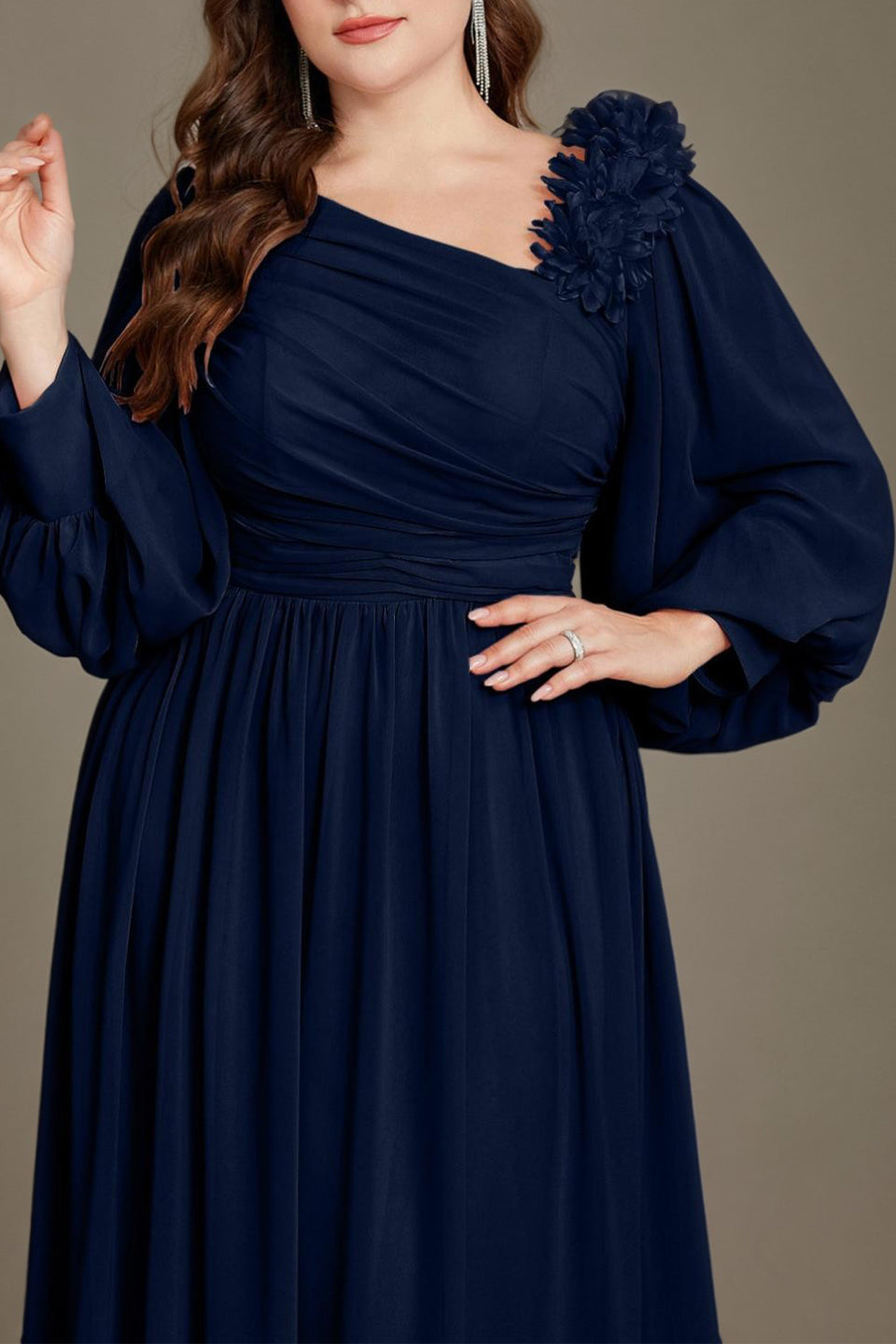 Curveins Plus Size One Shoulder Chiffon 3D Flower Detail Elegant Flowy Maxi Dress
