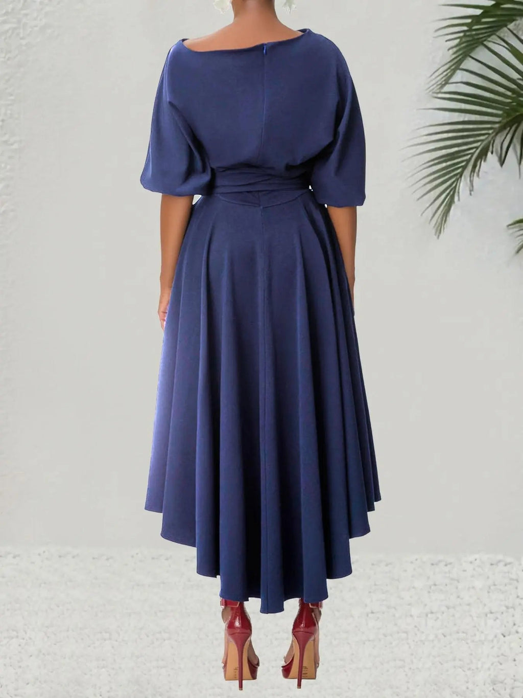 Women's Plain Belted Split Boat Neck Dress
