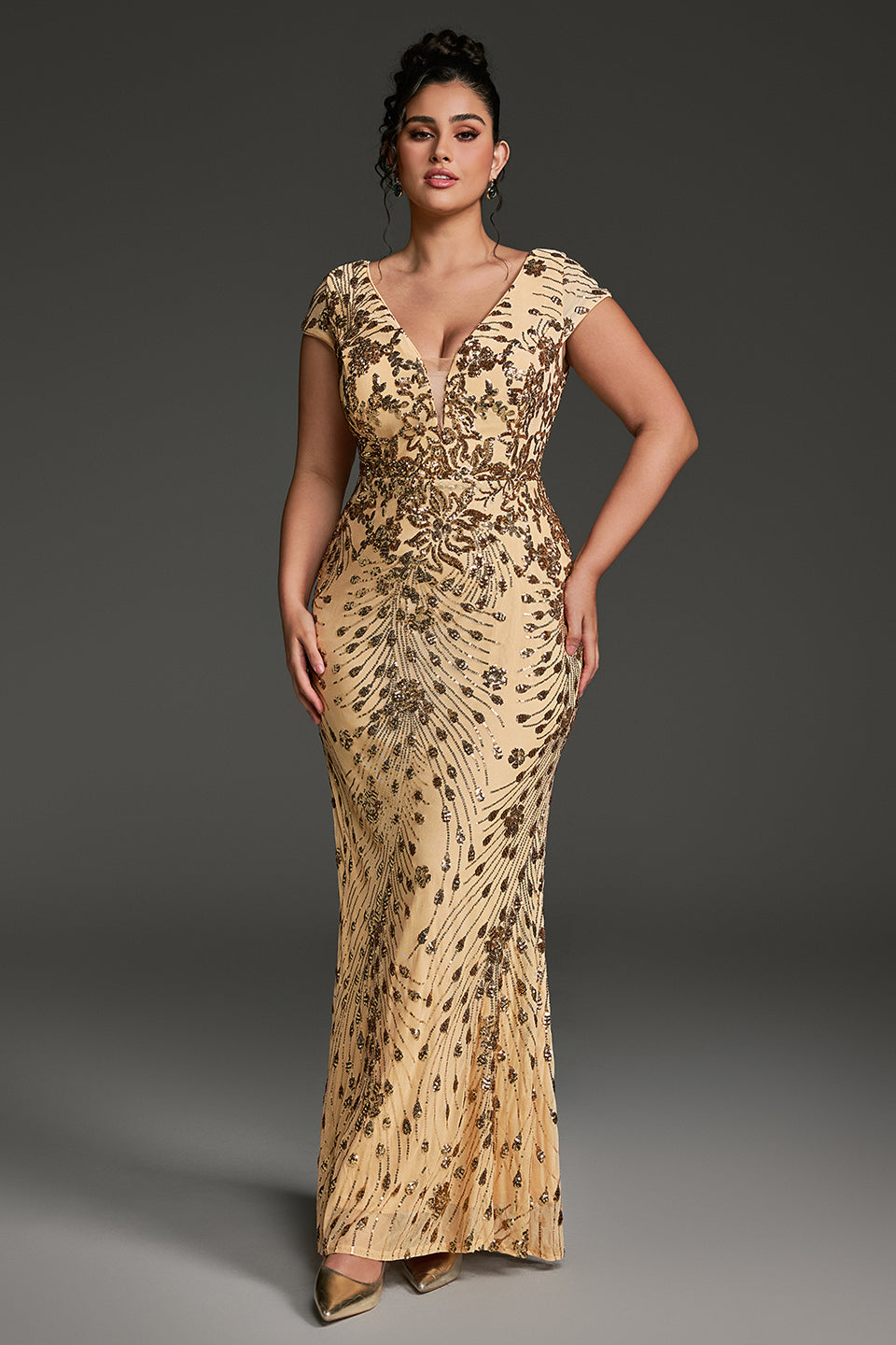 Curveins Plus Size V-neck and Waist Cinch Sequin Maxi Dress