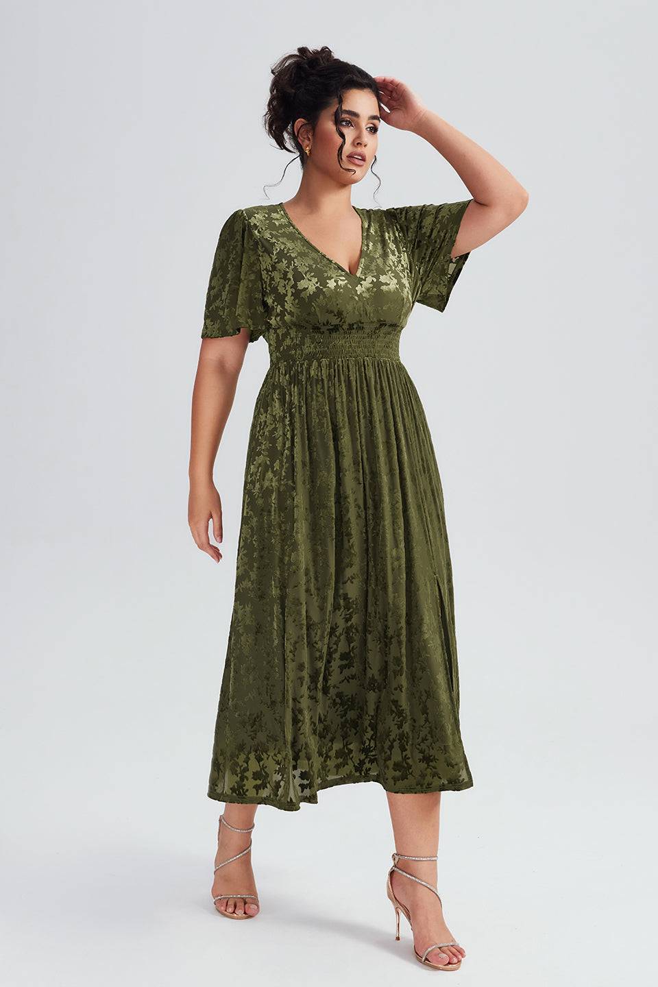 Curveins Plus Size Green Floral Velvet Maxi Dress