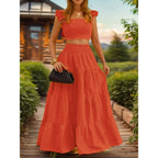 Women's Solid Color / Floral Print Shirred Top & Long Skirt Two-piece Set, Boho Fashion Casual Top & Skirt for Daily Holiday Vacation Wear, Ladies for Summer