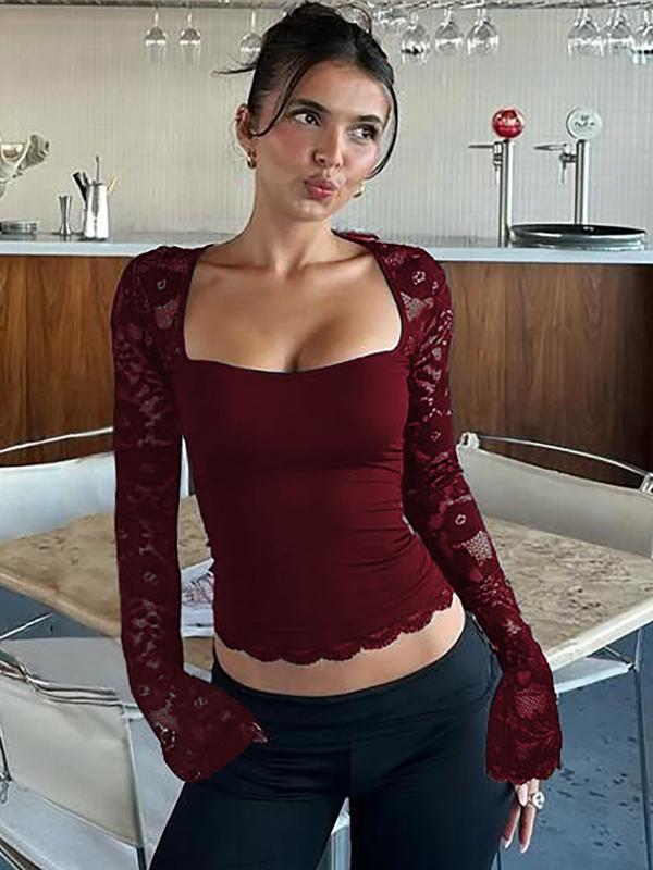 Women's Solid Color Lace Floral Spliced Ruffles Trim Sheer Long Sleeve Tee, Sexy Flower Pattern Designed Slim-fit T-shirt for Party Club Holiday, Ladies Summer Clothes, Top