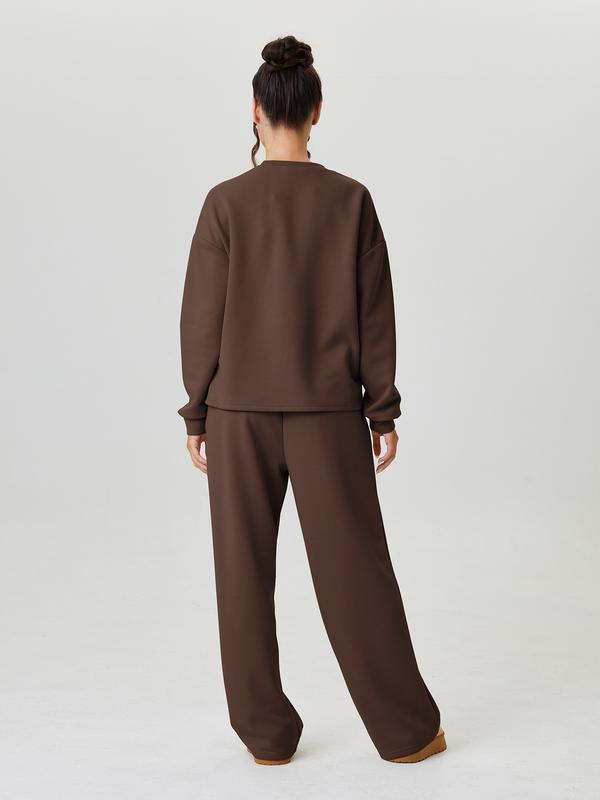 Women's Casual Solid Color Loose Long Sleeve Top & Exposed Stitches Trousers Co-ord
