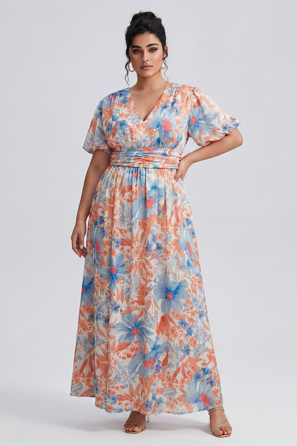 Curveins Plus Size V Neck Puff Sleeve Floral Pattern Elegant Flowing Maxi Dress