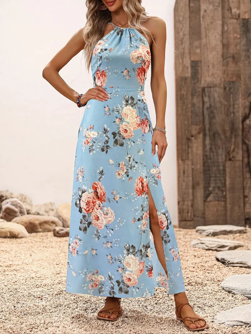 Women's Floral Print Split Thigh Halter Dress, Tie Back Design, Bohemian Boho Summer Long Sleeveless Fitted Dress, Elegant Printed Series
