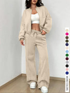 Women's Casual Striped Long Sleeve Zipper Jacket and Pants Set, Airport Wear, Fitted Natural Waist, Regular Length, All Seasons