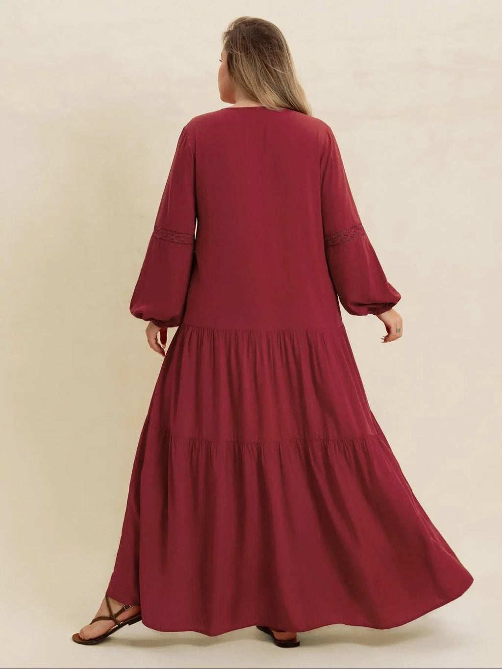 [Plus Size] Plain V-Neck Long Sleeve Maxi Dress, Boho Modest Dress for Daily Holiday Vacation Wear, Women's Plus-Size Clothing for All Seasons
