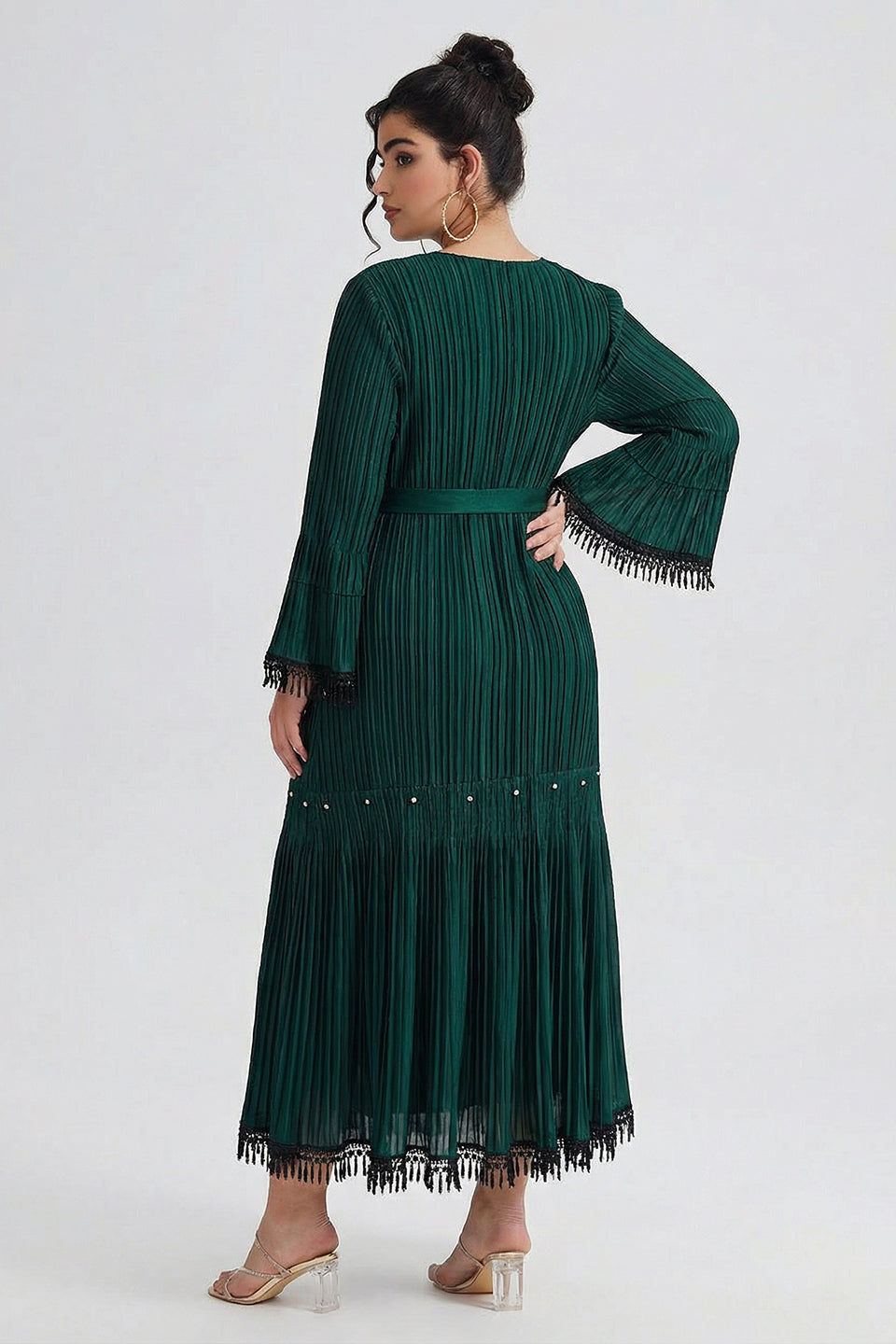 Curveins Plus Size Square Neck Long Sleeve Tie-Up Fringe Maxi Dress