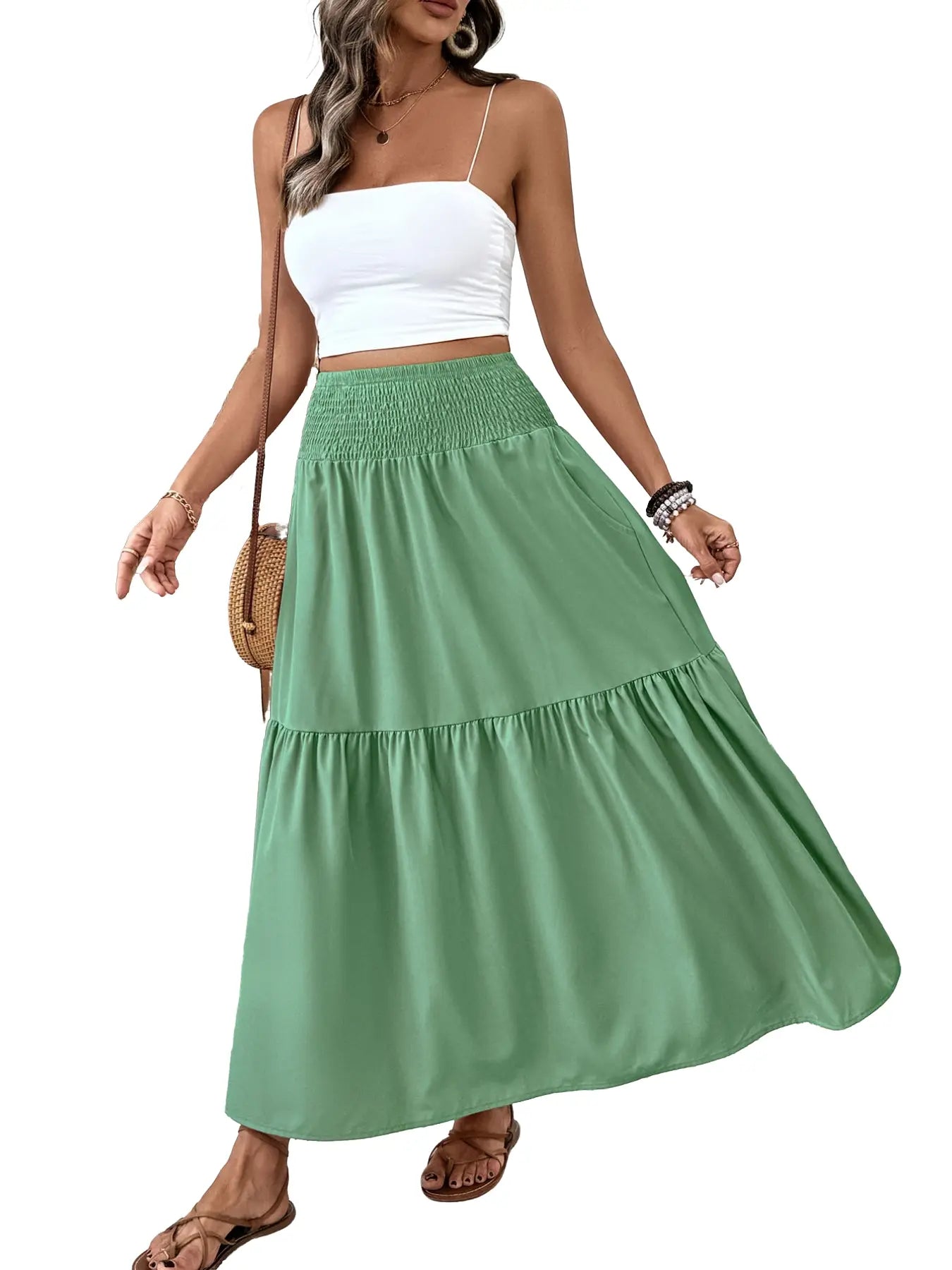 Women's Floral Casual A-Line Skirt, Elastic Waist Pockets, Leaf Hem, Long Fitted Skirt, Fashionable Mid-Length Dress