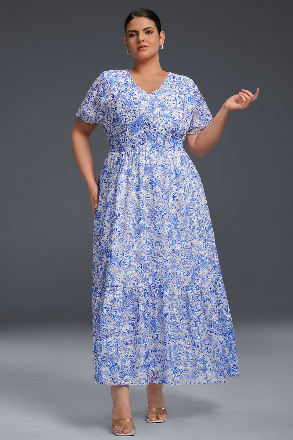 Curveins Plus Size V-Neck Floral Ruffle Hem Maxi Dress