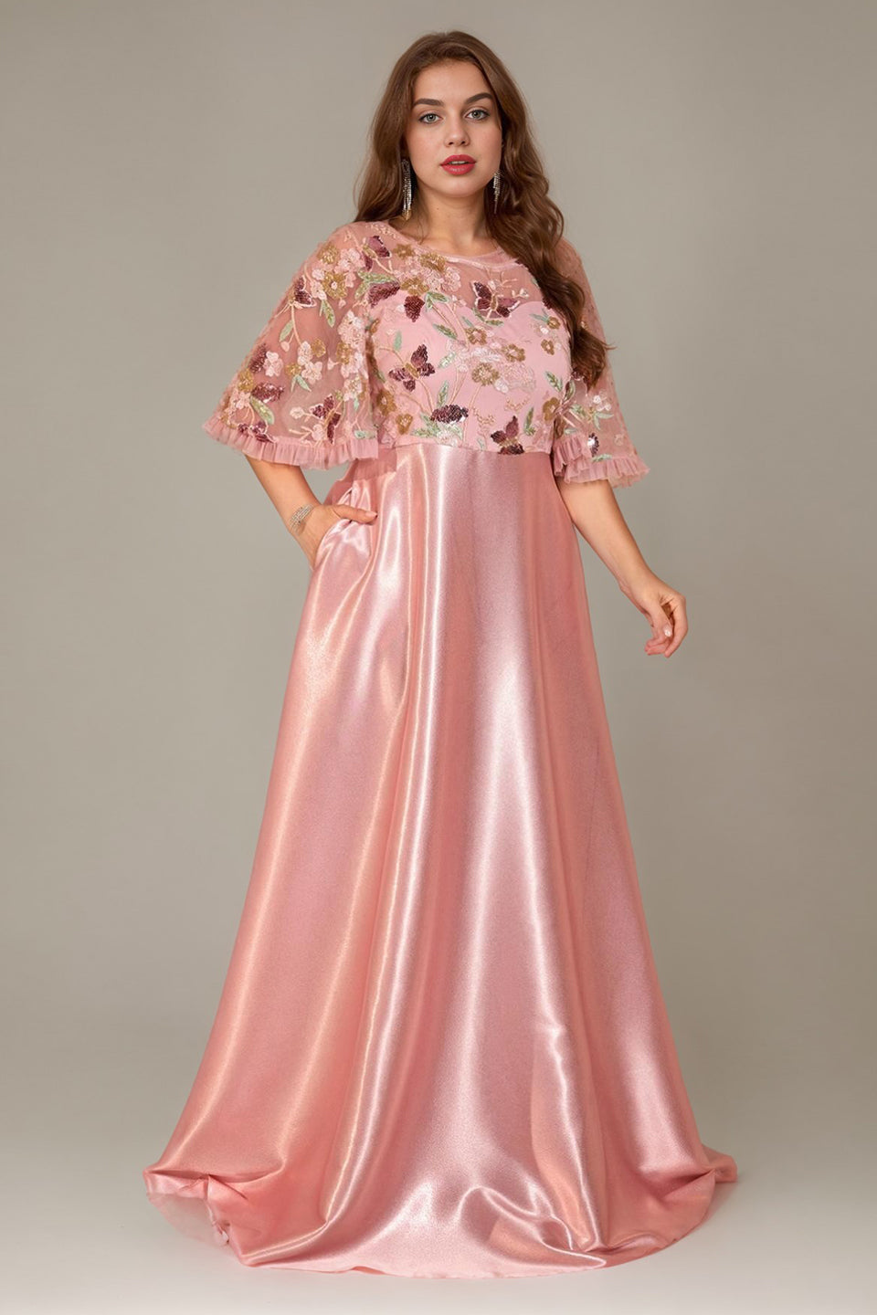 Curveins Plus Size Round Neck Batwing Sleeve Ruffle Patchwork Elegant Maxi Dress