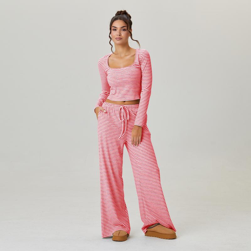 Women's Slouchy Square Neck Stripe Long Sleeve Crop Top & Low-Rise Wide Leg Trousers Co-ord, Minimalist Two Piece Outfits, Cozy Womenswear