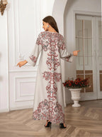 Elegant Boho Muslim Women's Long Robe, All over Print, Loose-Fitting, Round Neck, Flap Sleeves, Long Sleeve, All Seasons