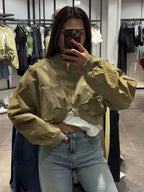 Women's Olive Green Loose Cropped Basic Bomber Jacket, Casual Zipper Coat