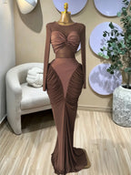 Women's Long Sleeve Patchwork Pleated Tiered Tie Smoked Formal Prom Dress