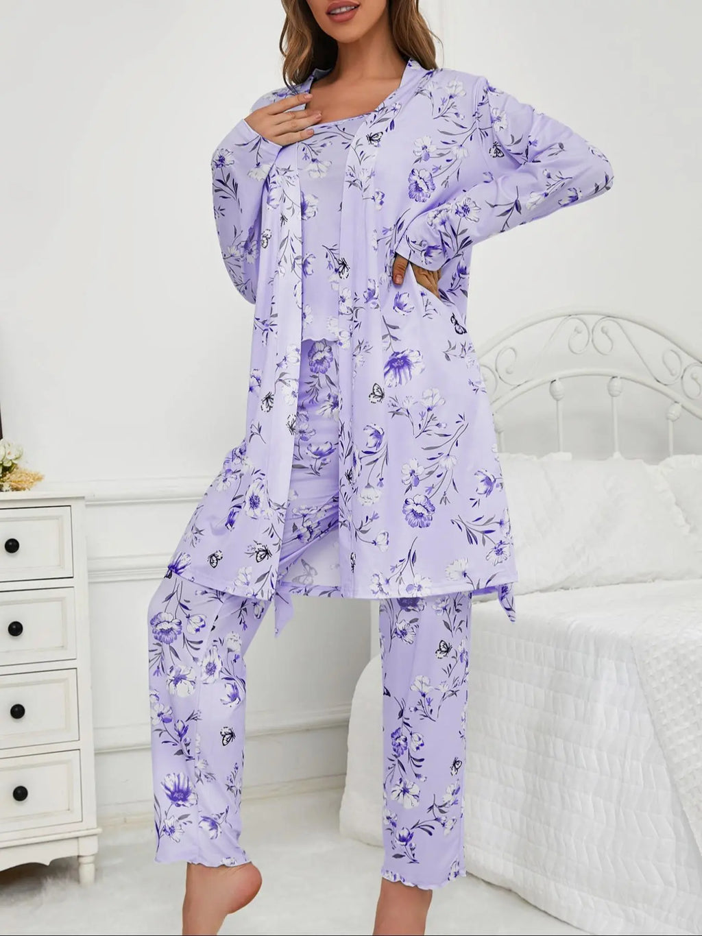 Three-Piece Set Women's Floral Butterfly Print Belted Long Sleeve Lounge Robe & Lettuce Trim Cami Top & Pants Pyjama Set