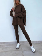 Women's Solid Drop Shoulder Split Hem Sweatshirt & Pants Two-piece Set