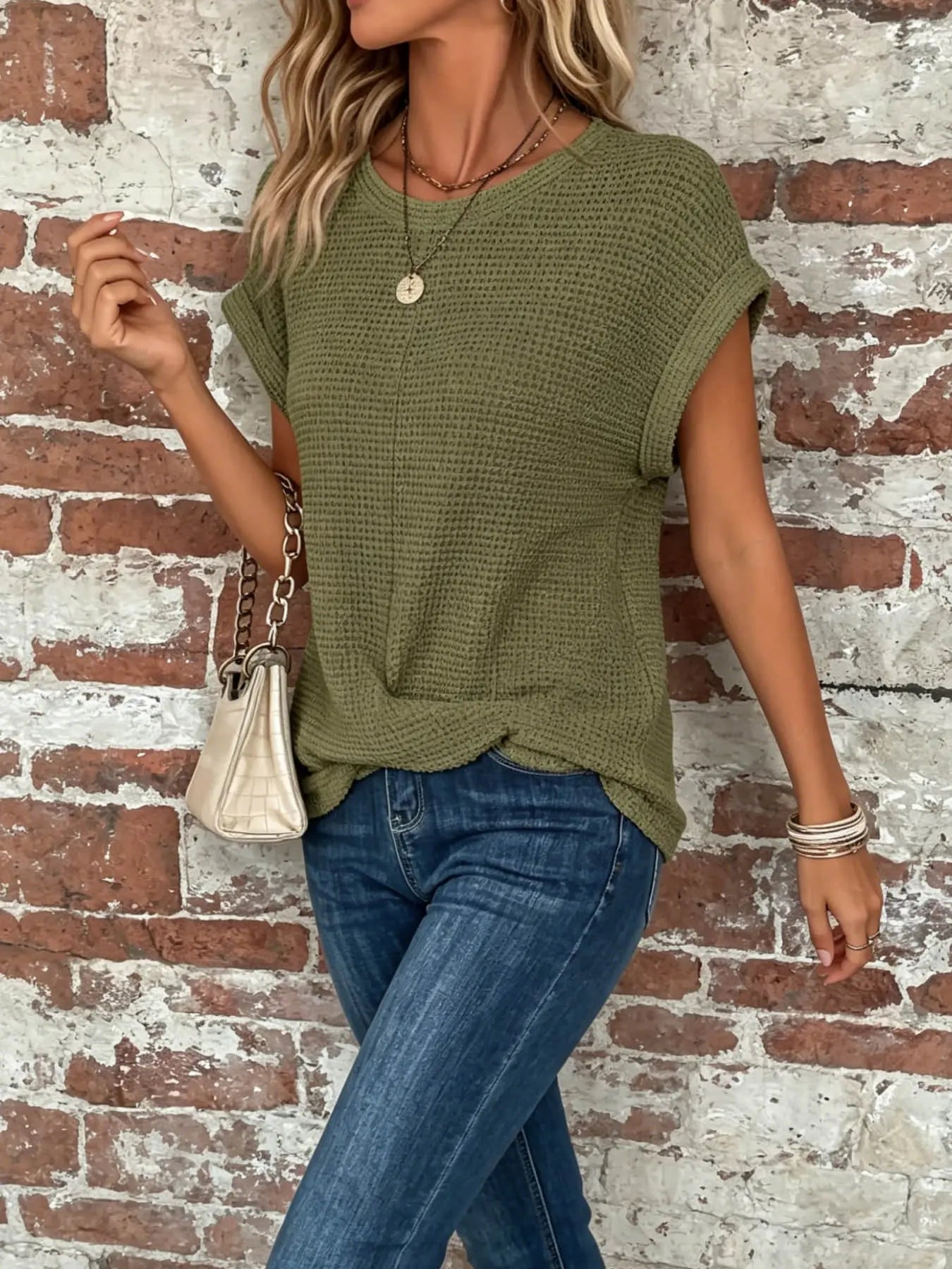 Women's fashionable casual loose round neck short sleeved top