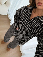 Women's 2pcs Set Loose Striped V-Neck Drop Shoulder Long Sleeve T-Shirt &Elastic Waist Striped Pants