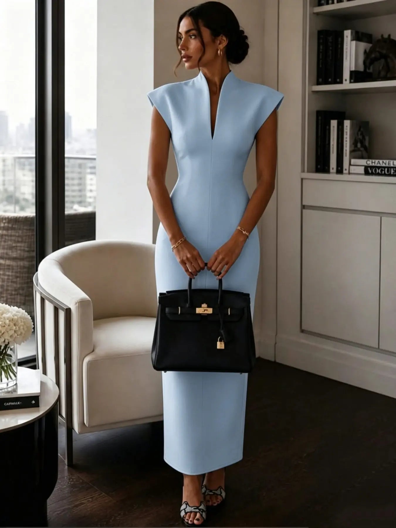 New Stand Collar V Neck Sleeveless High Waist Bodycon Dress